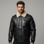 Мъжко пилотско яке от еко кожа с пухкава Teddy яка-AR-224069-BLK